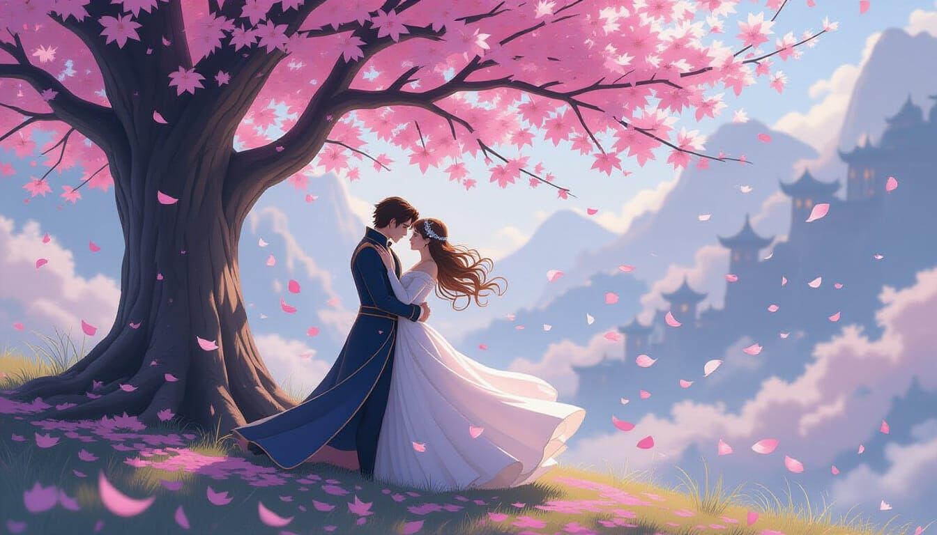 Fantasy Romance: Lovers Embrace Under Cherry Blossoms