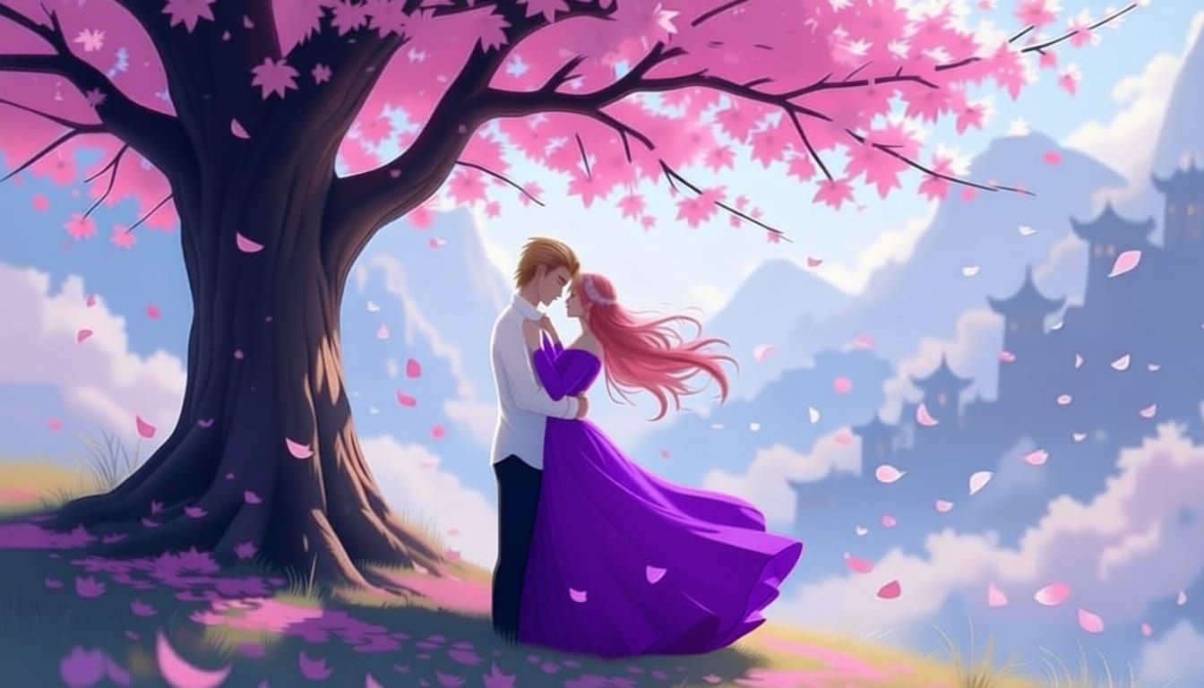 Evangeline and Jacks Embrace Under Cherry Blossoms