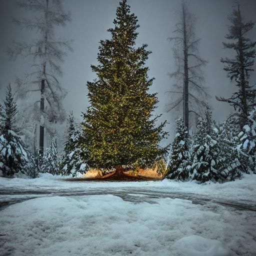 Snowy Park Pine Tree with Lit Candles