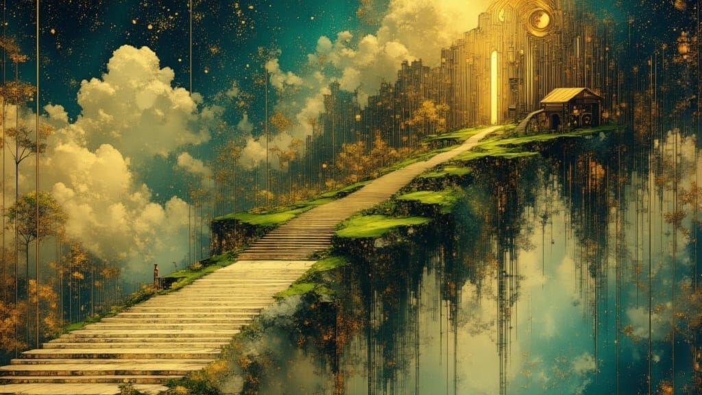 Ancient City on Shattered Planet Fragment in Cosmic Nebula