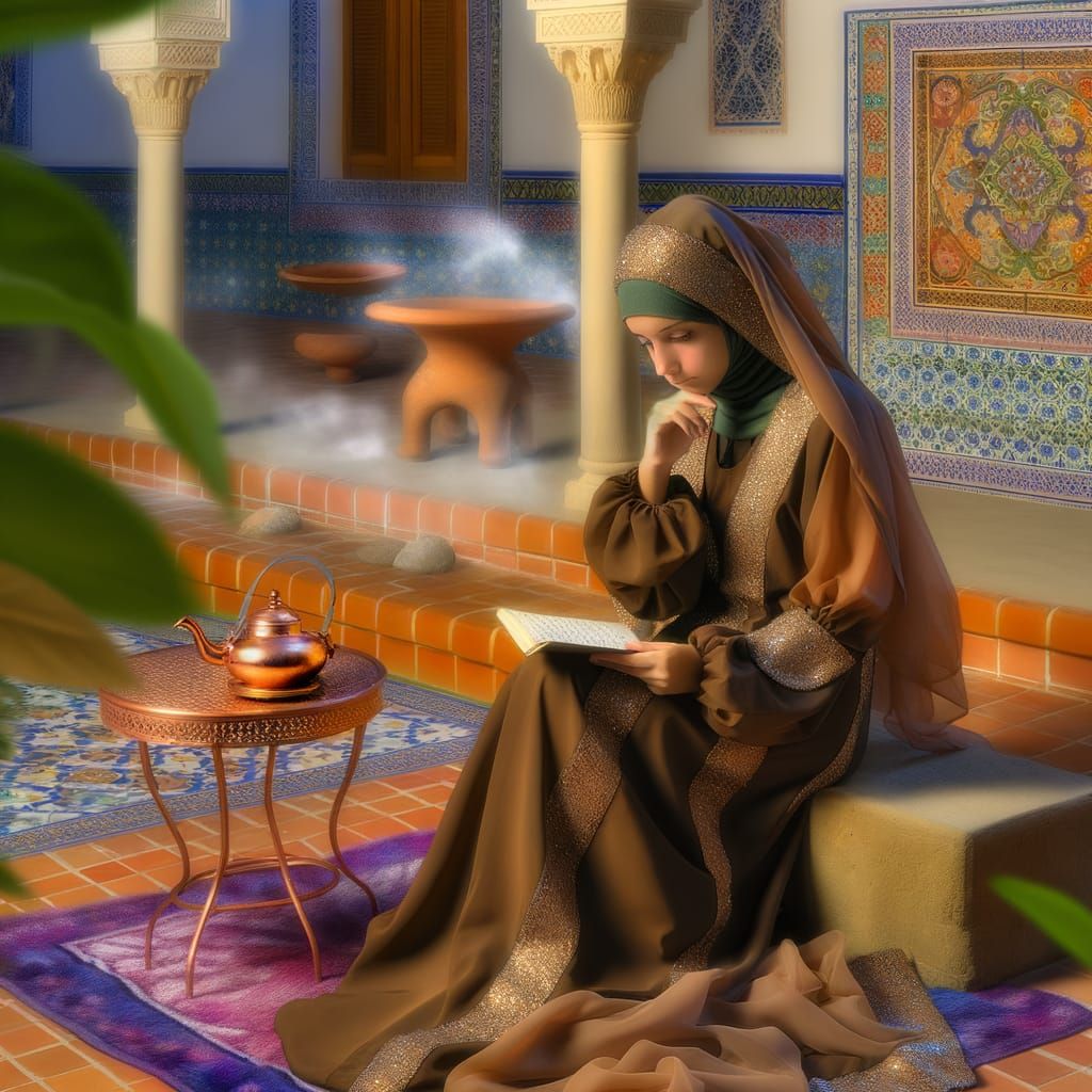 Young Woman in Bisht Writing in Courtyard, Art Nouveau