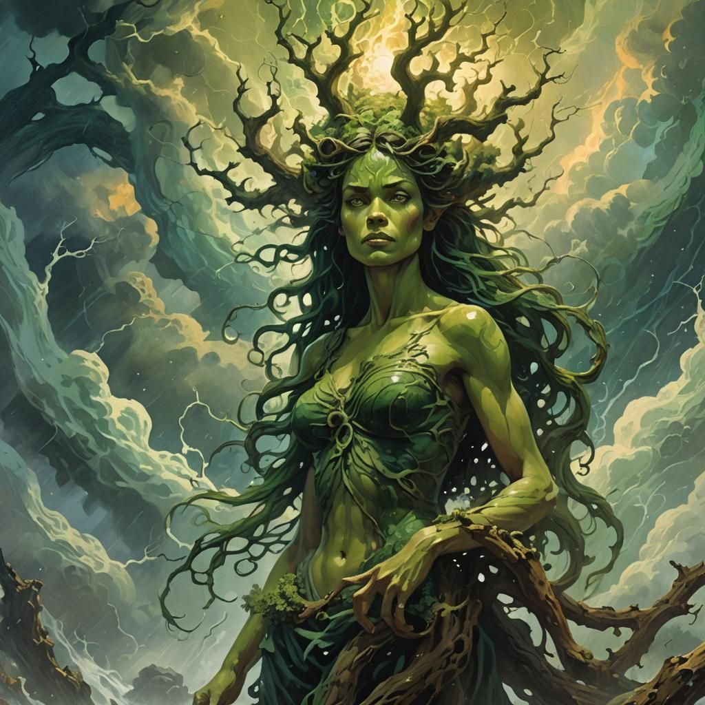 Dryad in Storm, Mythical Expressionist Landscape Art