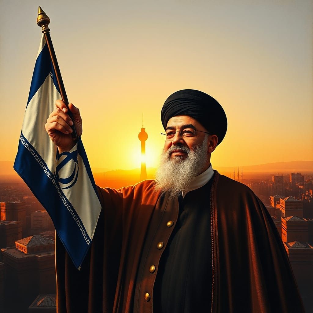 Dramatic Cityscape Portrait with Flag in Baroque Style