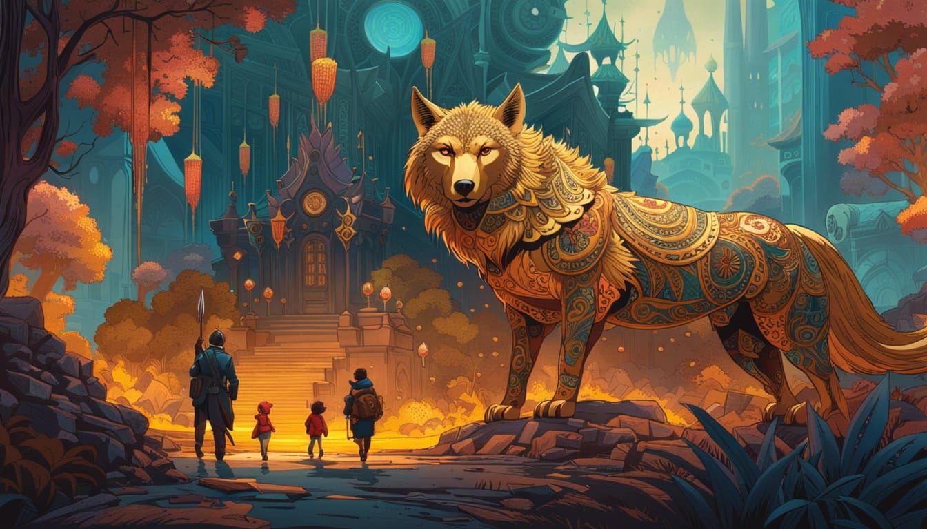Golden Armored Wolves in Dark Forest, Digital Collage