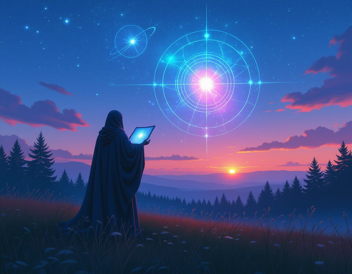 luminous cosmic prophet regards celestial map in twilight glade. photorealism, digital impasto, fantastical vaporwave, A...