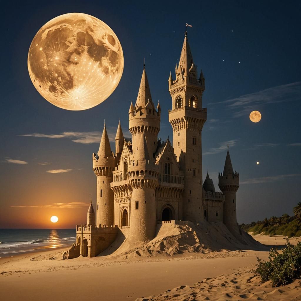 Moonlit Sandcastle with Cresting Planets