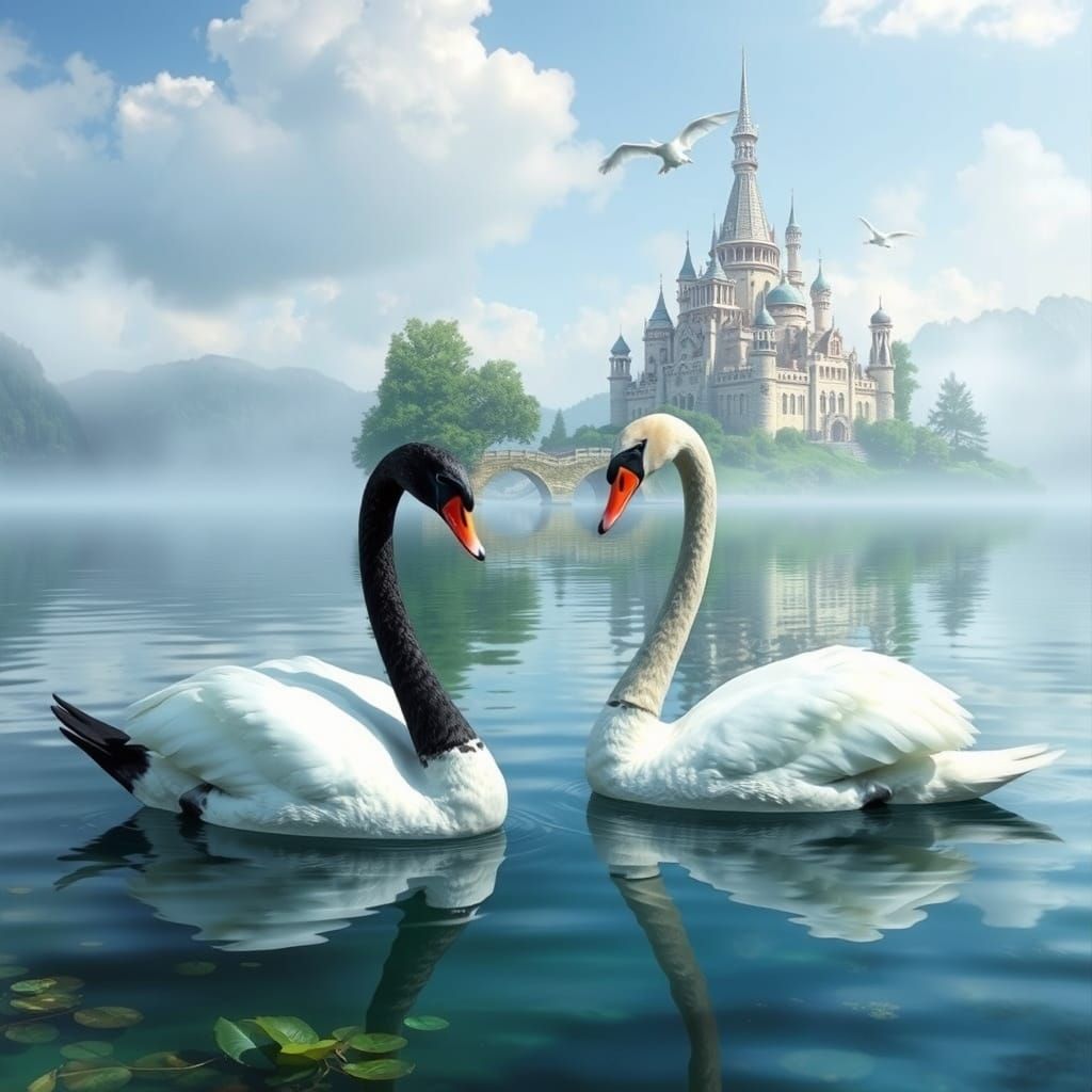 Swans Touching Beaks on Crystal Lake