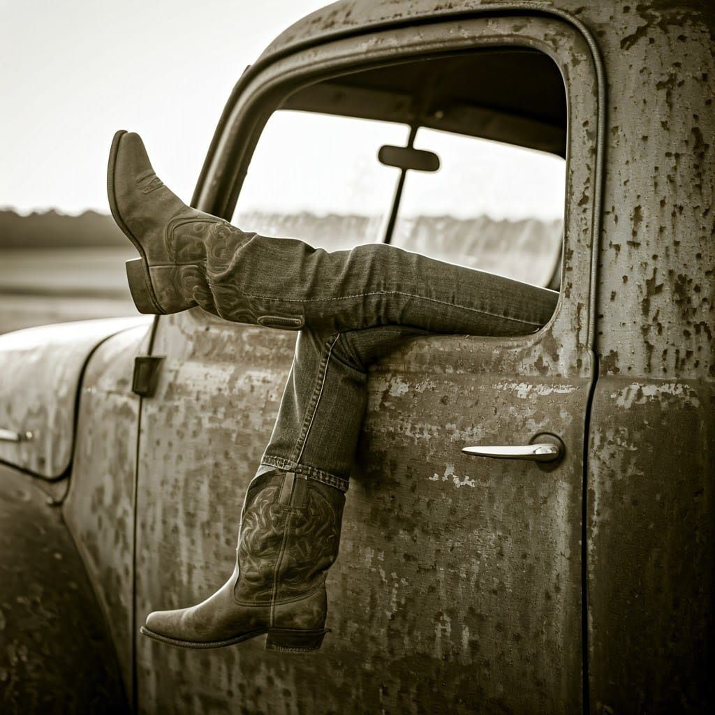 Sensual Legs Emerge from Vintage Pickup Truck in Warm Sunlig...