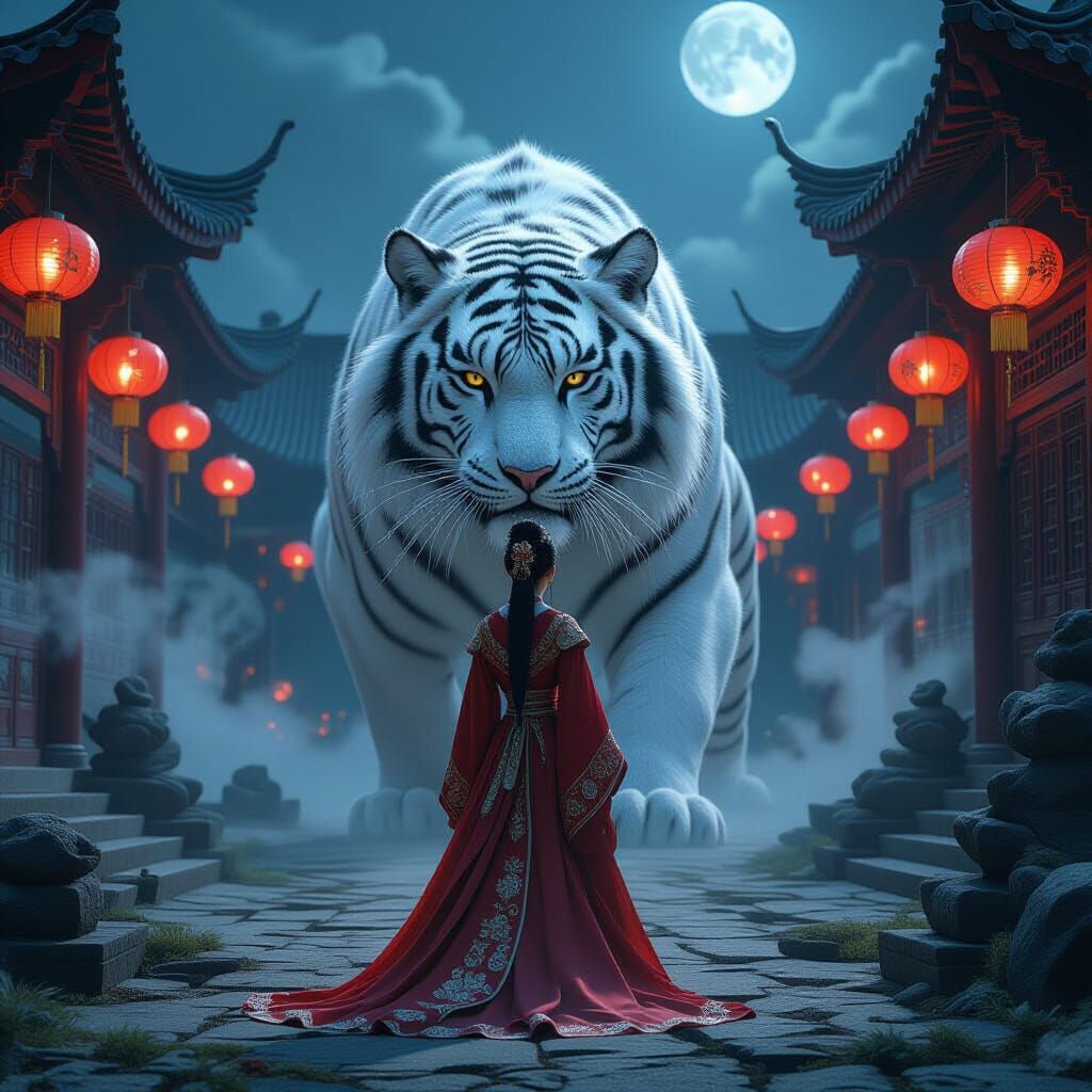 Chinese Princess and White Tiger in Moonlight