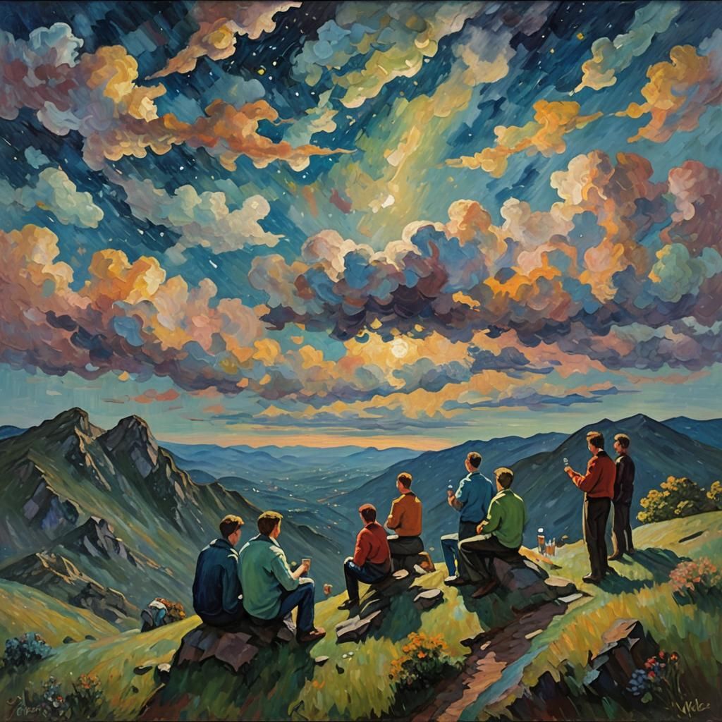 Teenagers Stargazing on Mountain Peak as Impressionist Oil P...