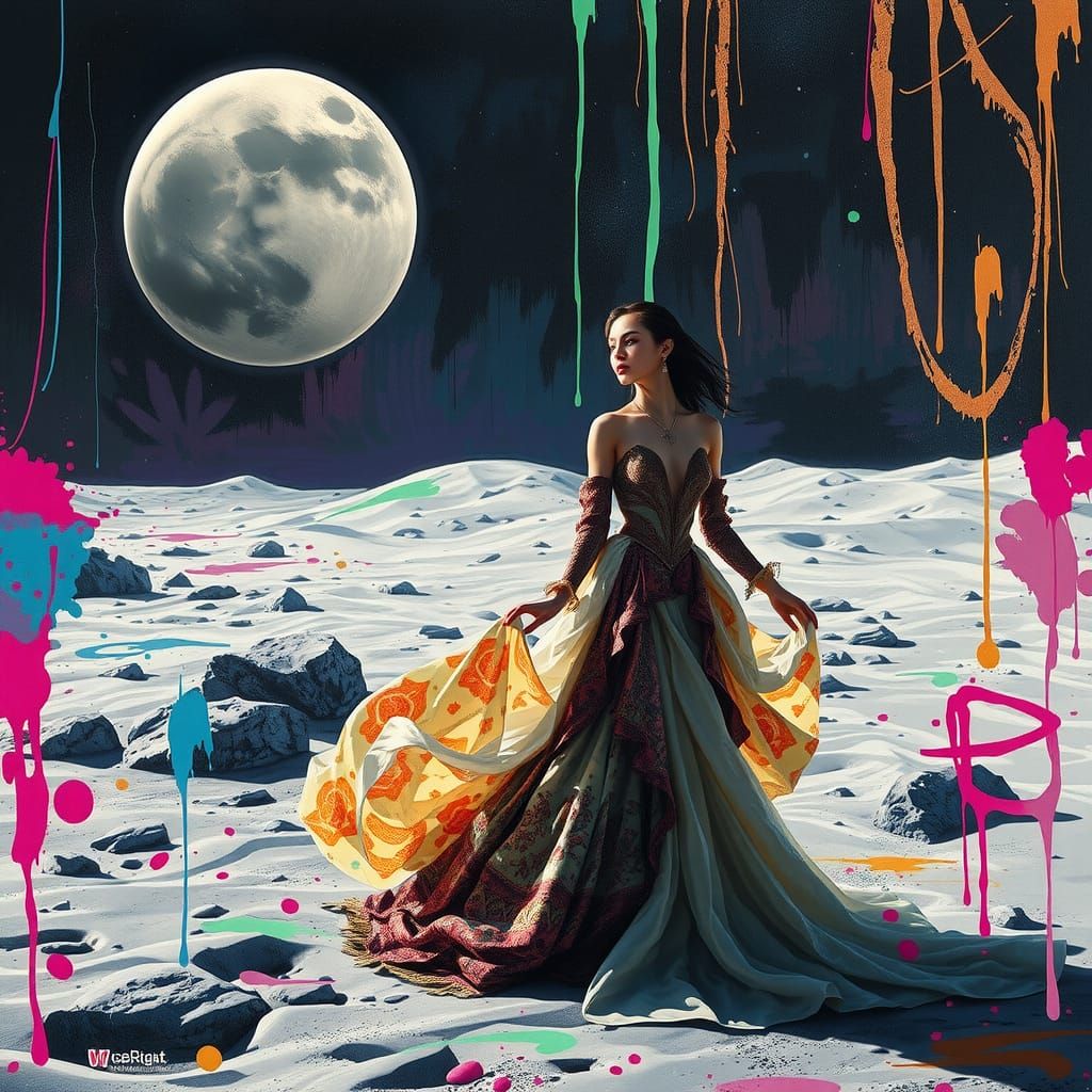 Lunar Model in Graffiti Gown: Futuristic Vision