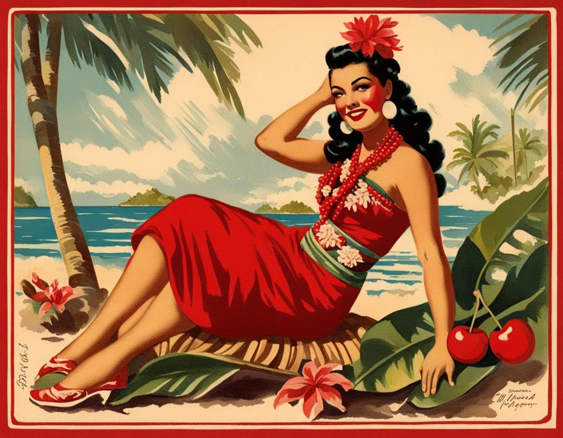 Vintage Polynesian Pinup Postcard in Cherry Cola Red