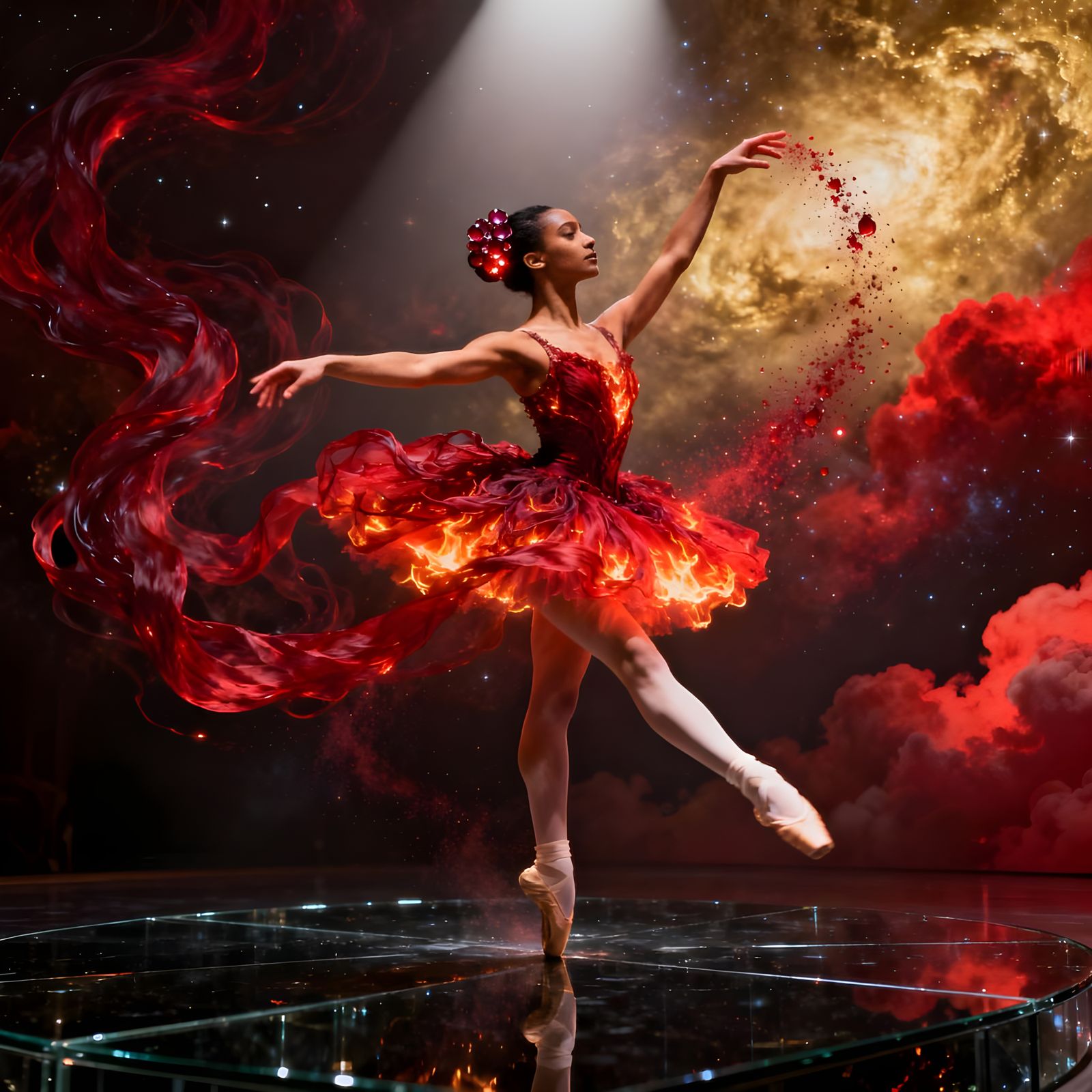 Ballerina's Fiery Leap on Obsidian Stage