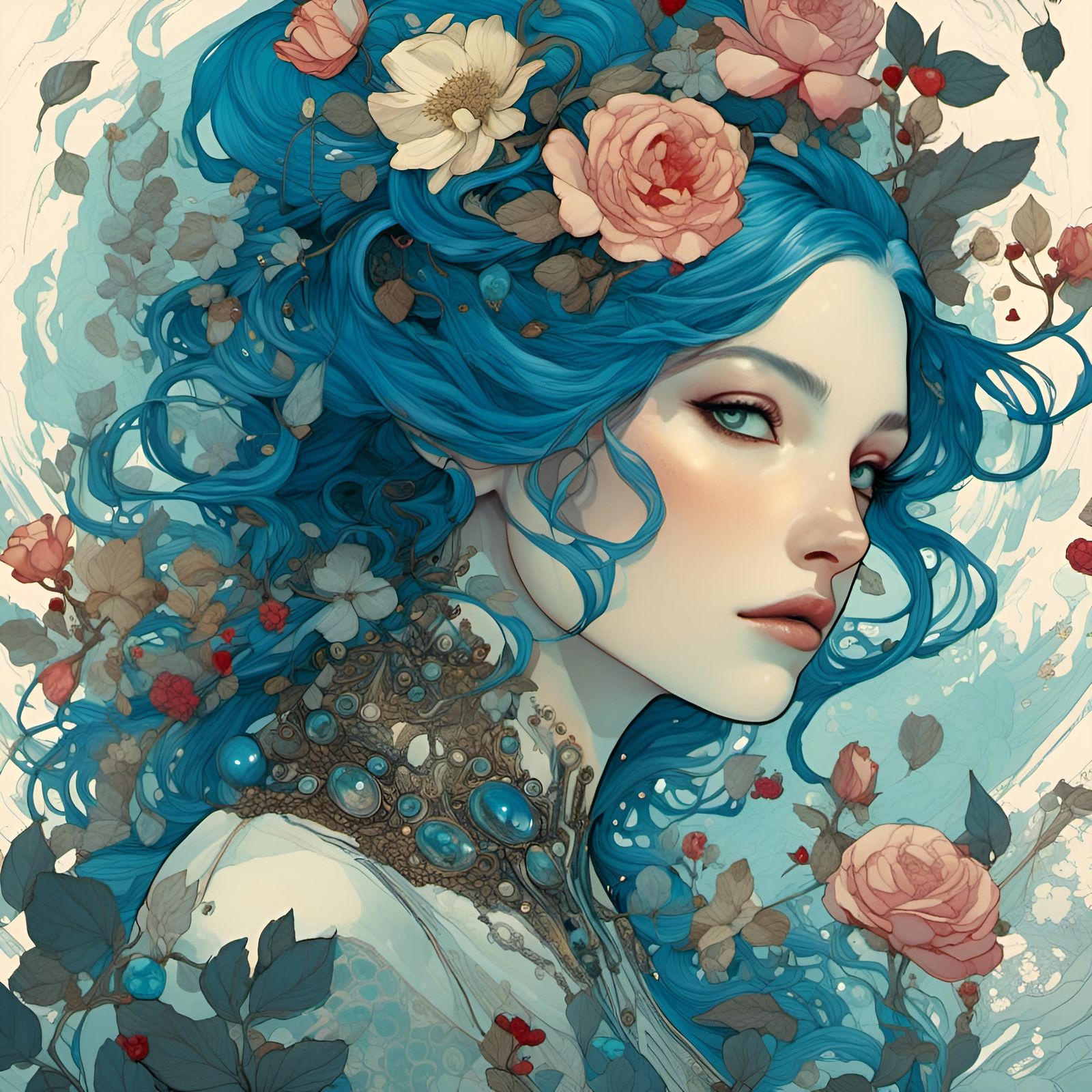 Blue-Haired Girl Surrounded by Roses and Gems