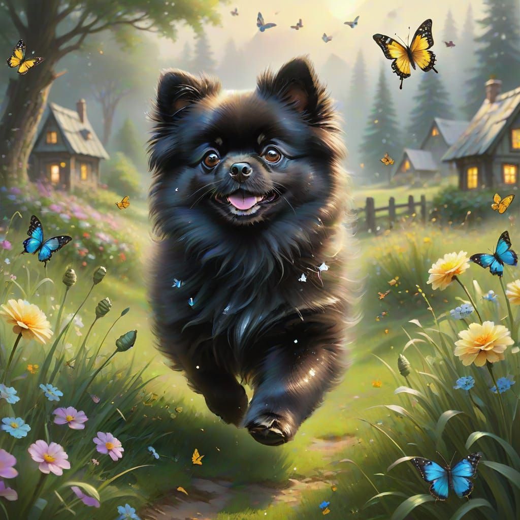 Whimsical Black Pomeranian in a Sunny Meadow