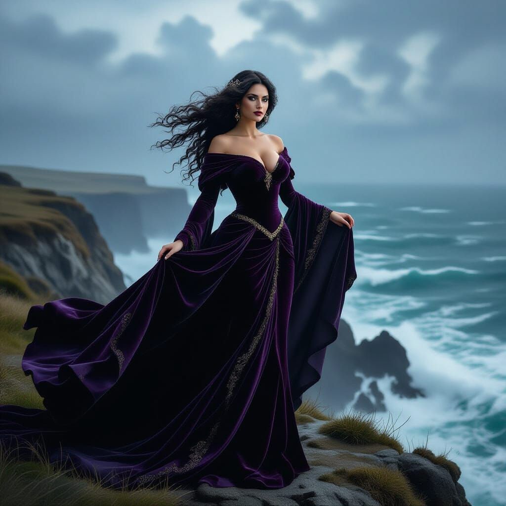 Sorceress on Cliff Overlooking Stormy Sea