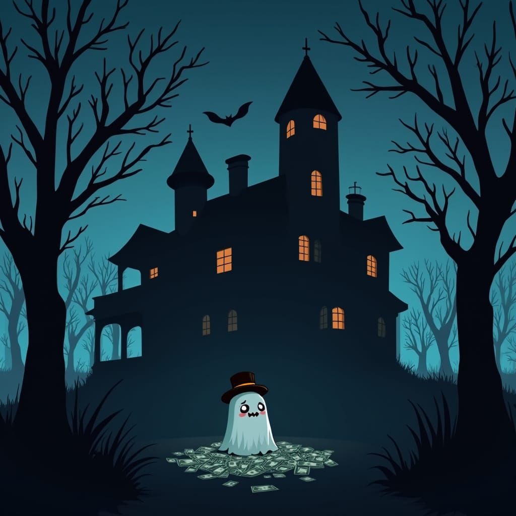 Gothic Mansion Silhouette with a Tiny Ghost Crying Over Bill...