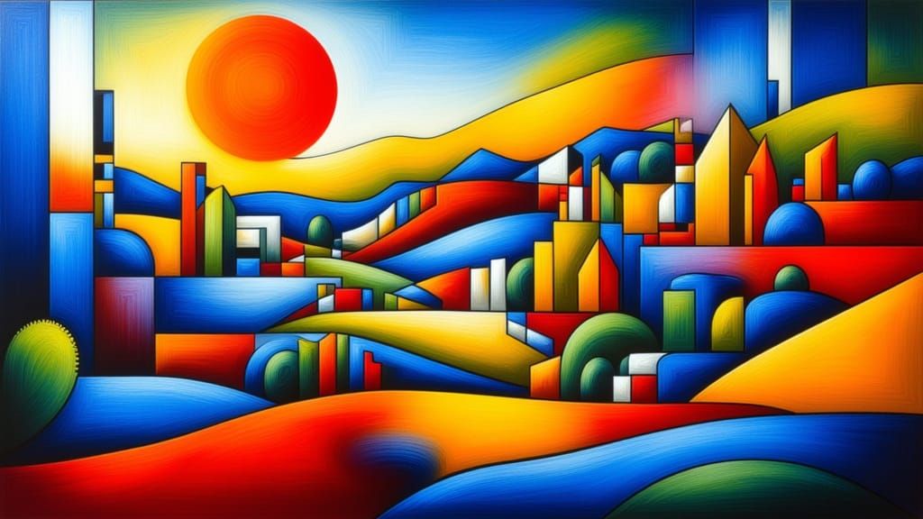 Vibrant Indian Landscape in De Stijl Style