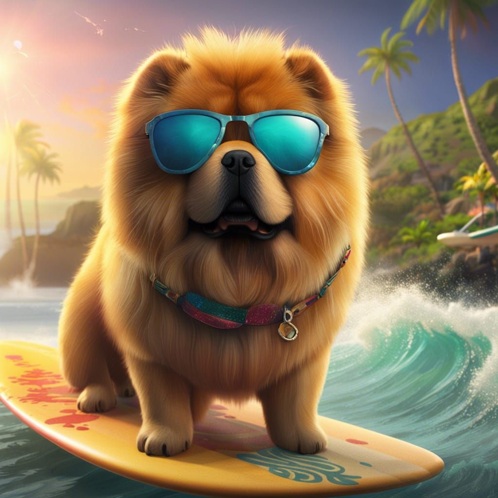 Chow Chow Surfing in Hawaii: Digital Art