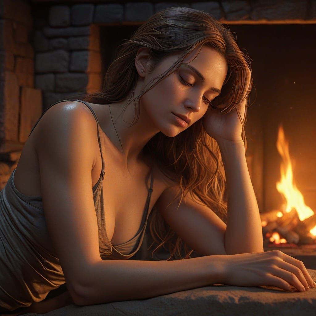 Muscular Woman Sleeping by Firelight