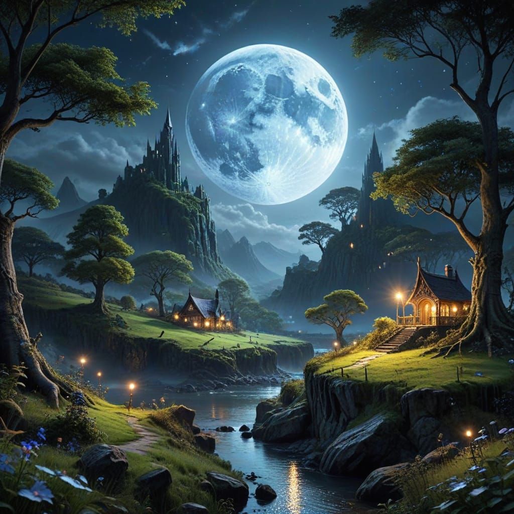 Moonlit Elven Realm in a Fantasy Landscape