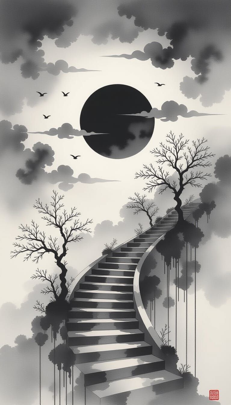 Surreal Staircase Ascends to Black Sun in Monochrome