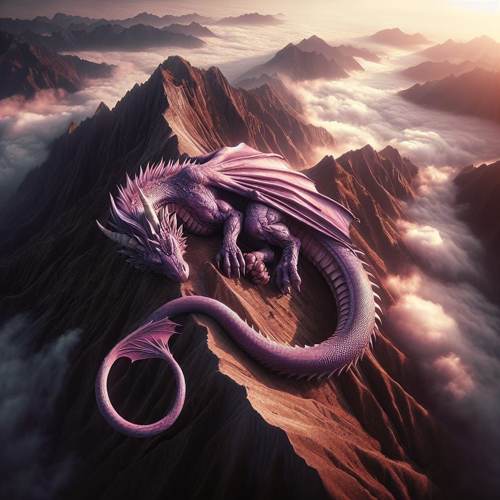Violet Dragon Sleeps on Mountain Peak at Sunrise