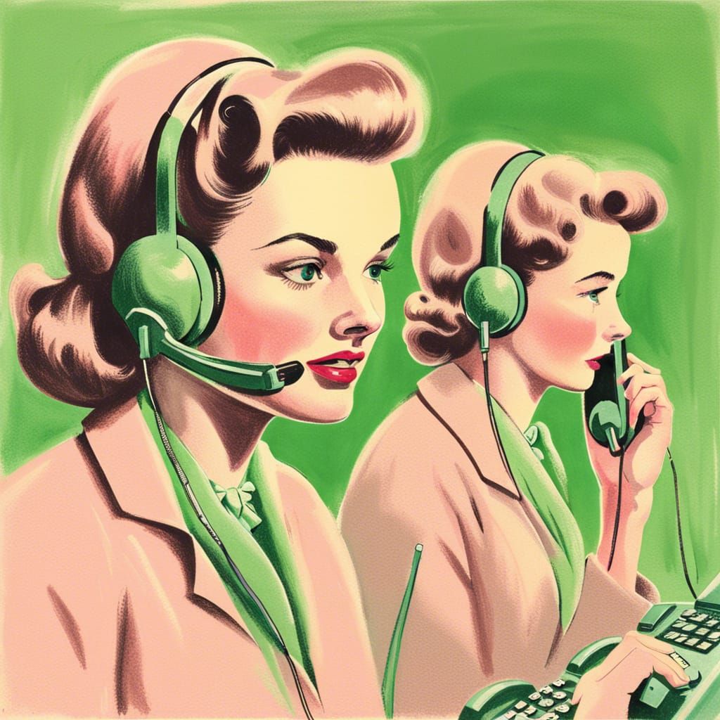 1950s Phone Operators in Fog, Pastel Ink Style