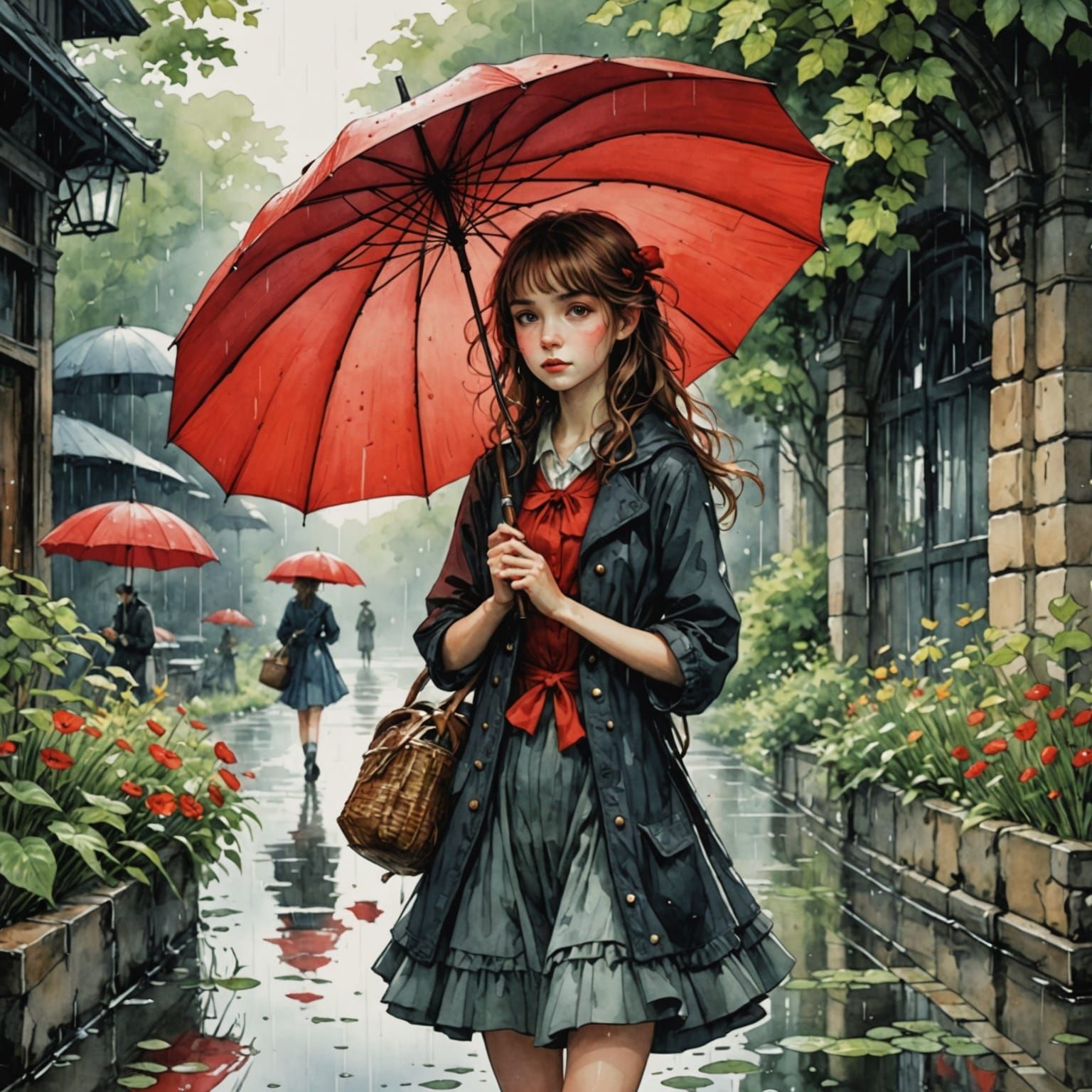 Girl with Red Umbrella in Summer Rain