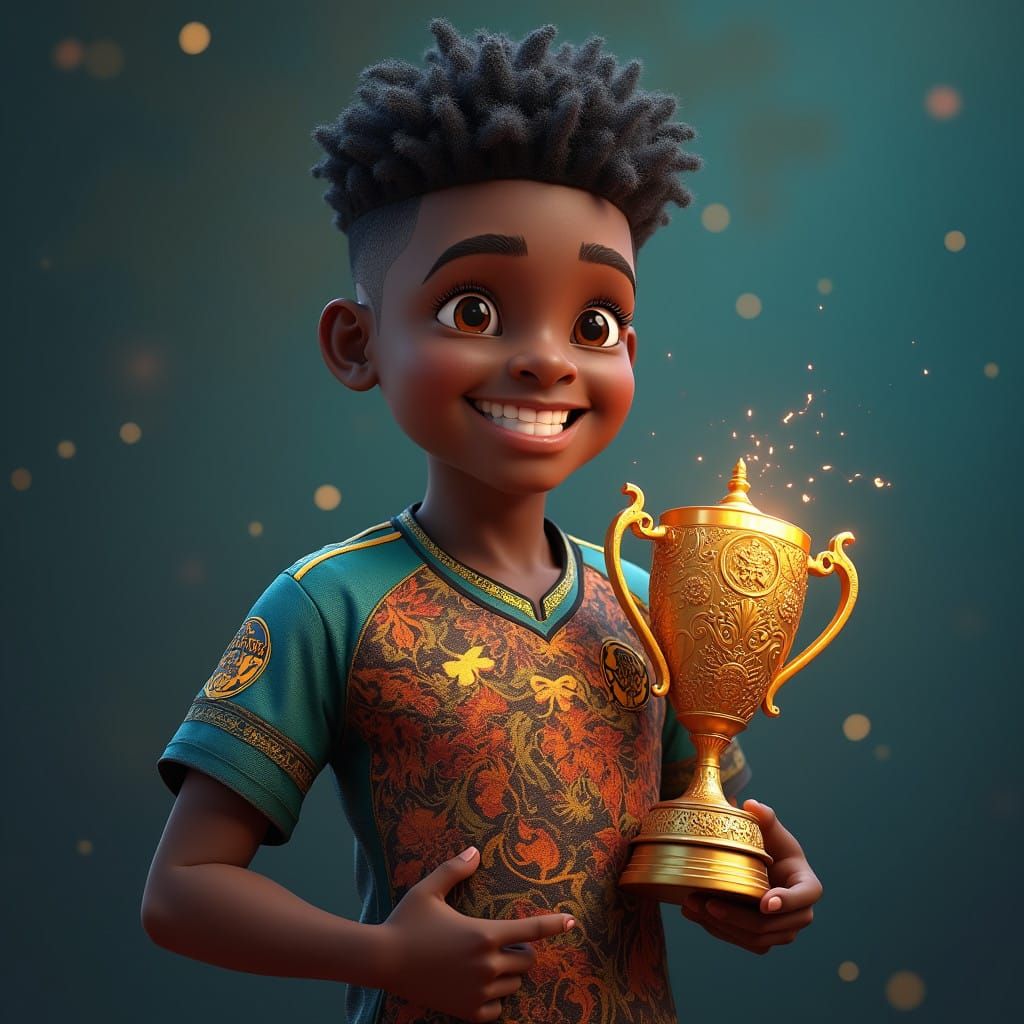 Young Champion with Vibrant Football Jersey and Trophy