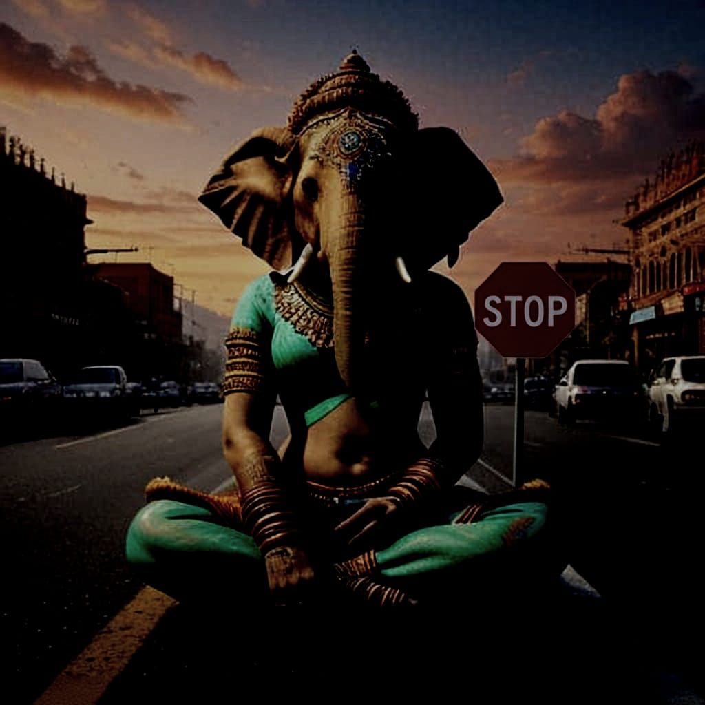 Hindu Elephant Woman on Busy Road