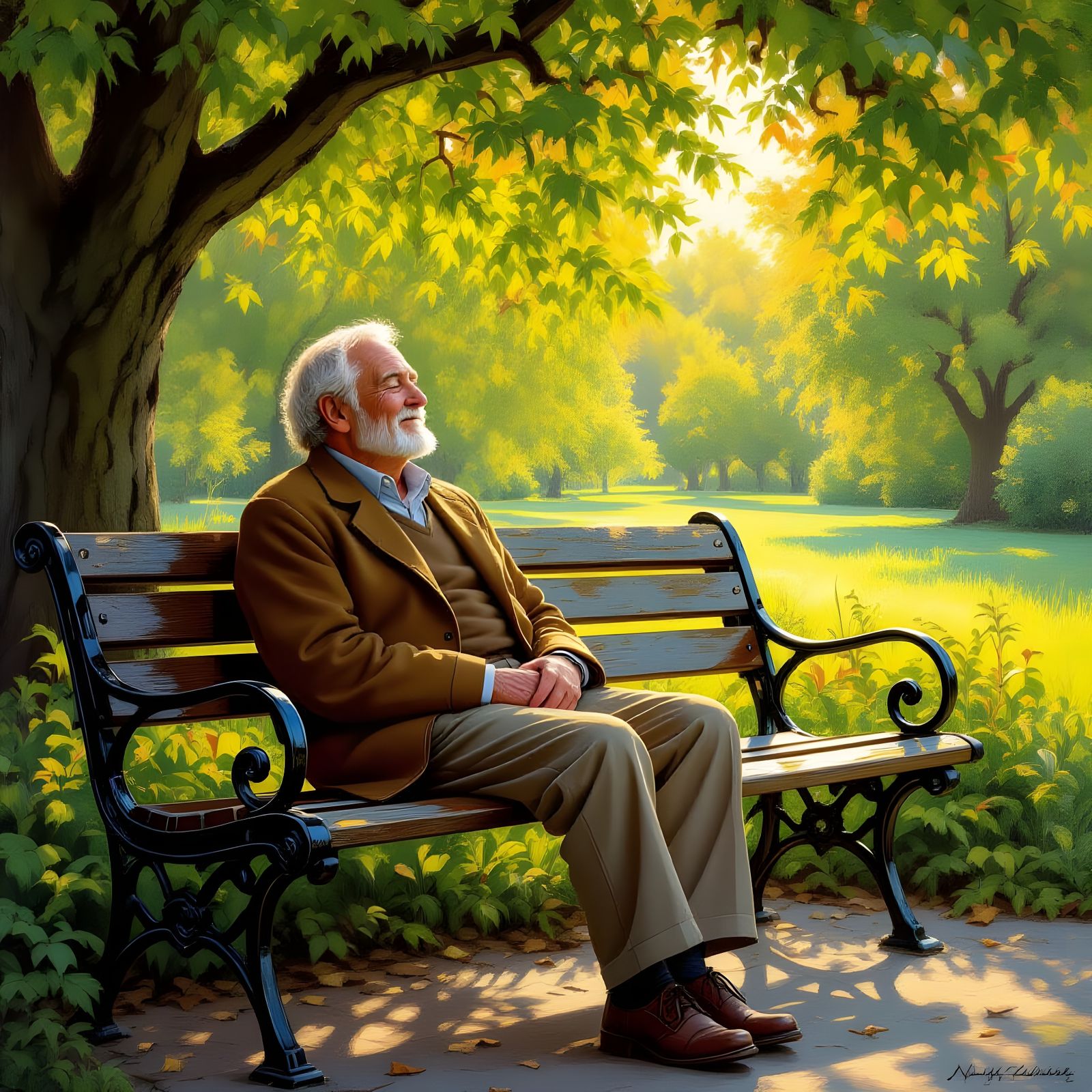 Elderly Man Reminiscing in Park, Detailed Matte Painting