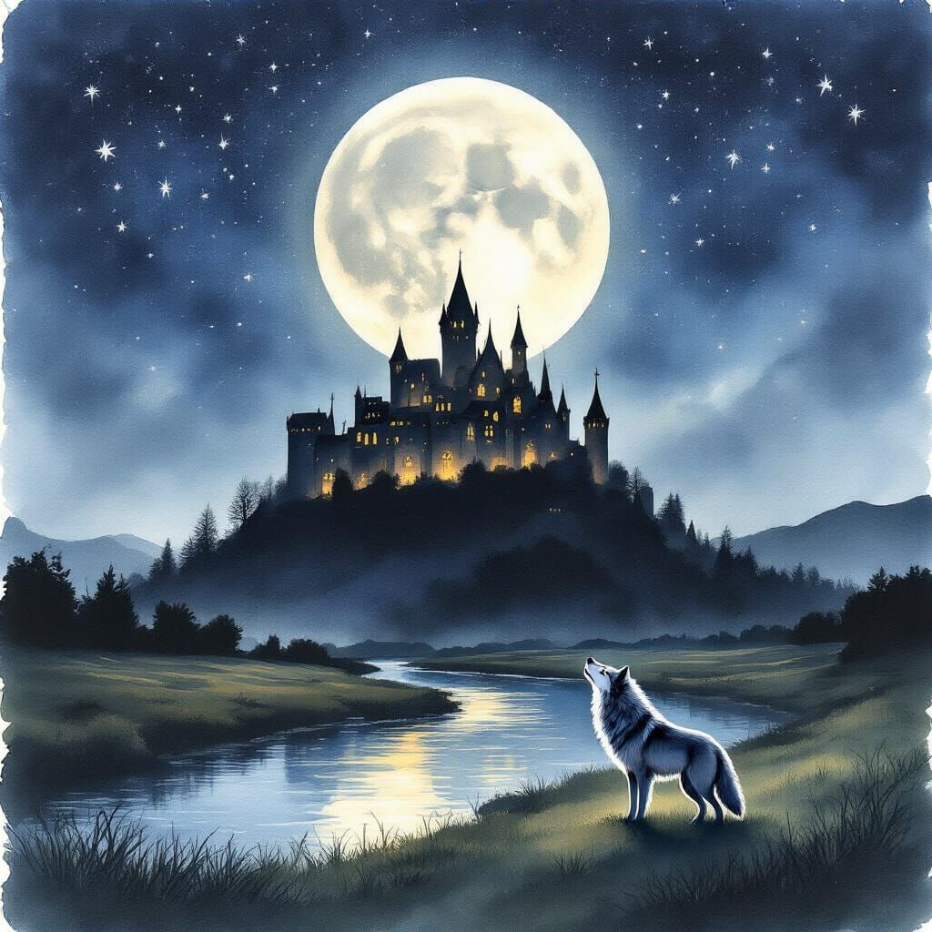Watercolor Starry Night With Moonlit Castle and Wolf