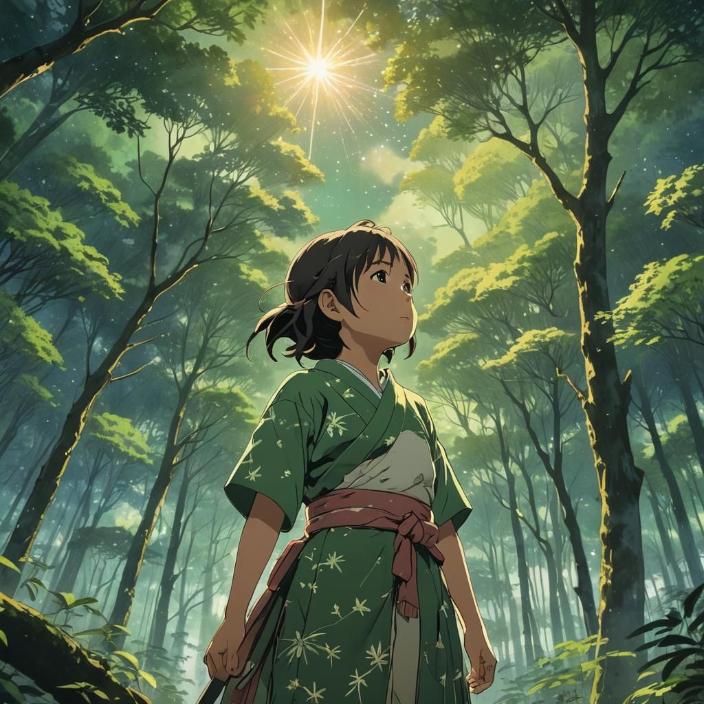 Anime Girl Stargazing in Forest, Makoto Shinkai Style