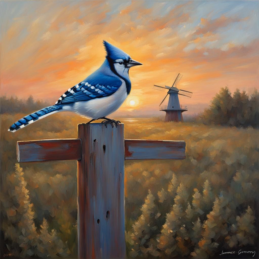 Blue Jay on Windmill: Oil Painting at Sunrise
