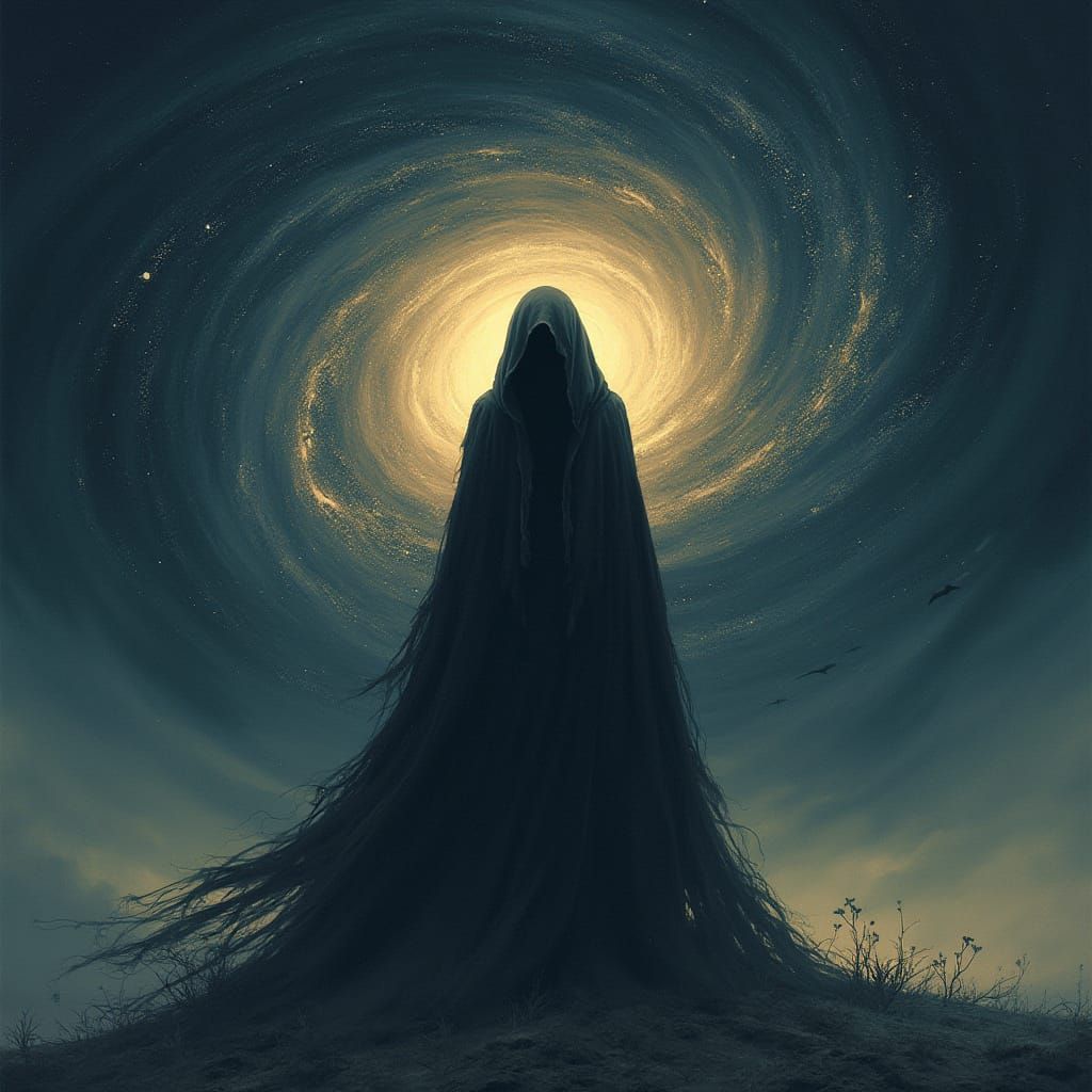 Hooded Figure Silhouetted Against Swirling Stars