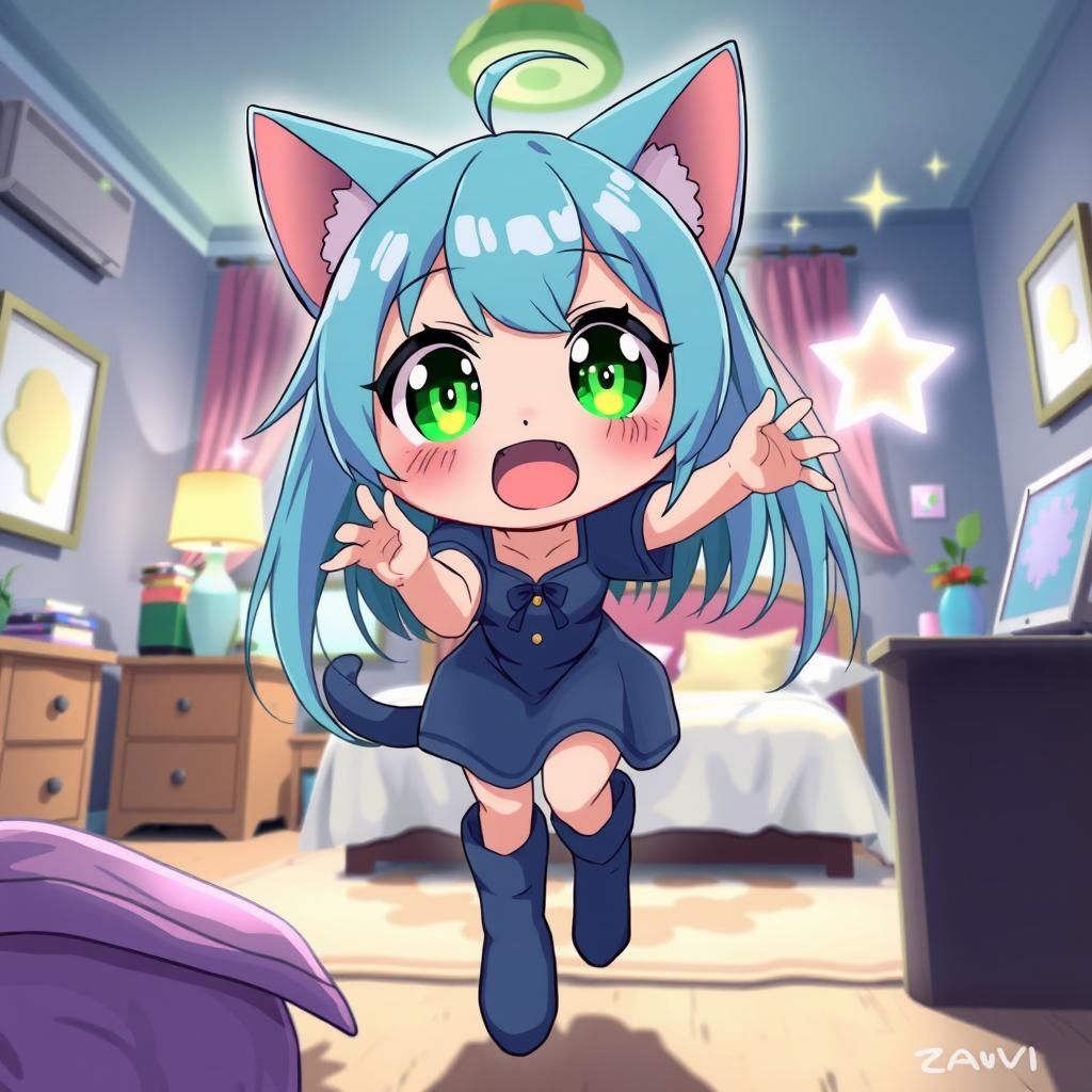 Cute Catgirls Display Bedroom in Anime Style