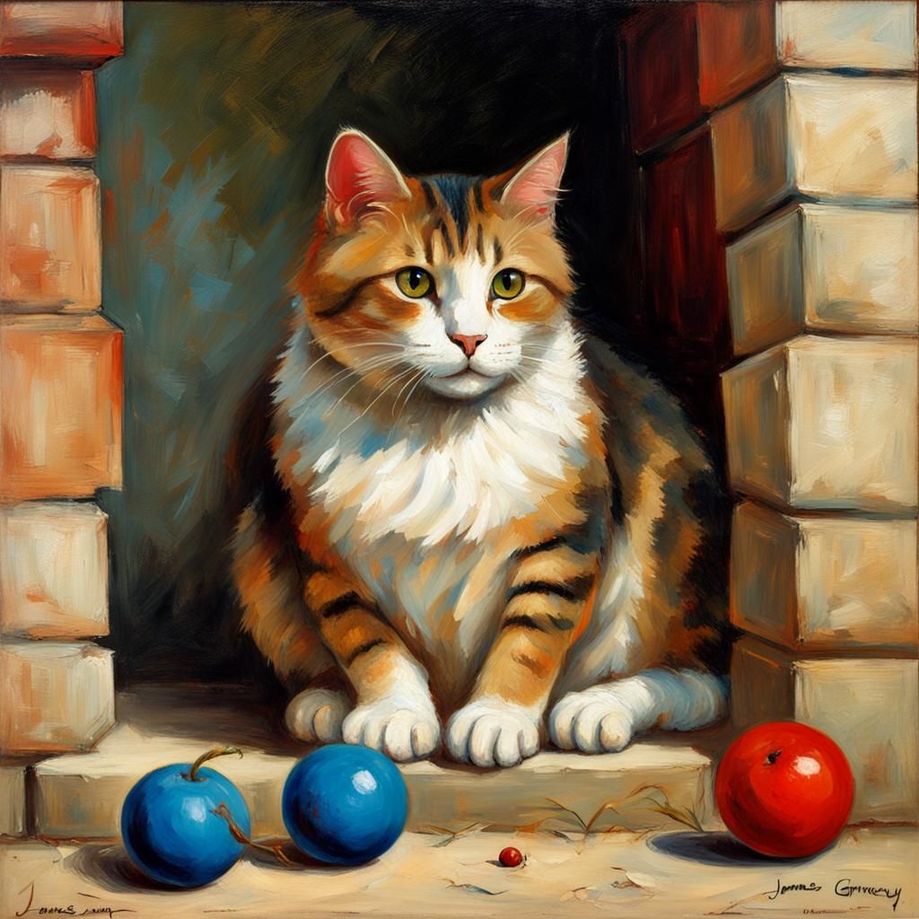 Chubby Cat Playing with Yarn, Oil Painting
