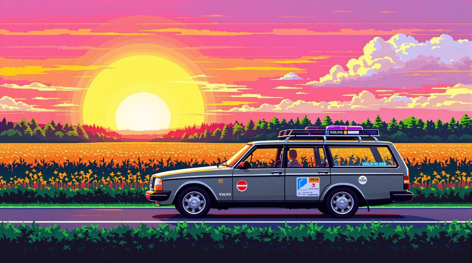 Vibrant Pixel Art of a Volvo 240 on a Summer Country Road