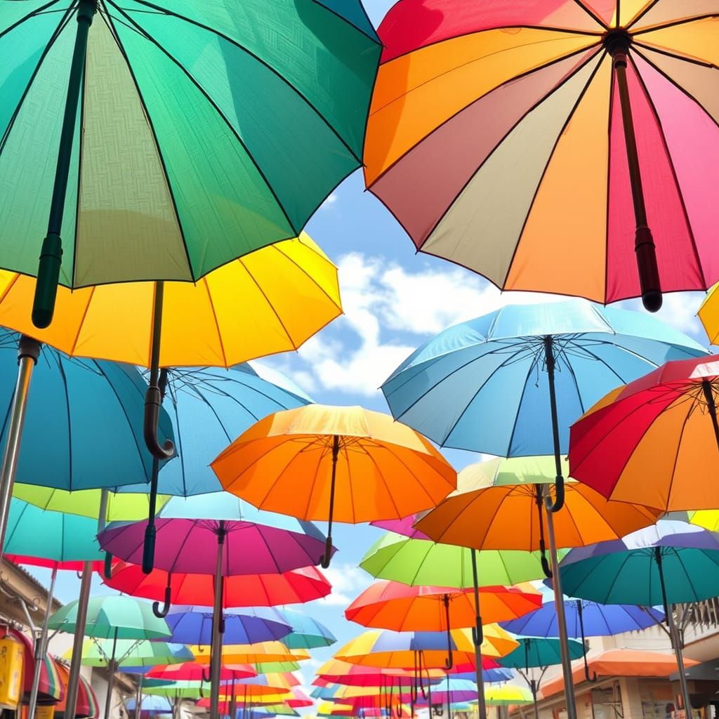 Colorful Umbrellas in Whimsical Futuristic Style