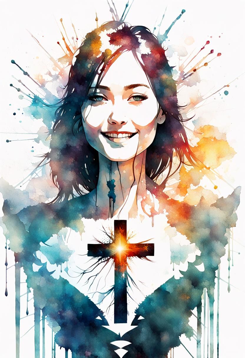 Radiant Cross in Woman's Heart Watercolor Portrait