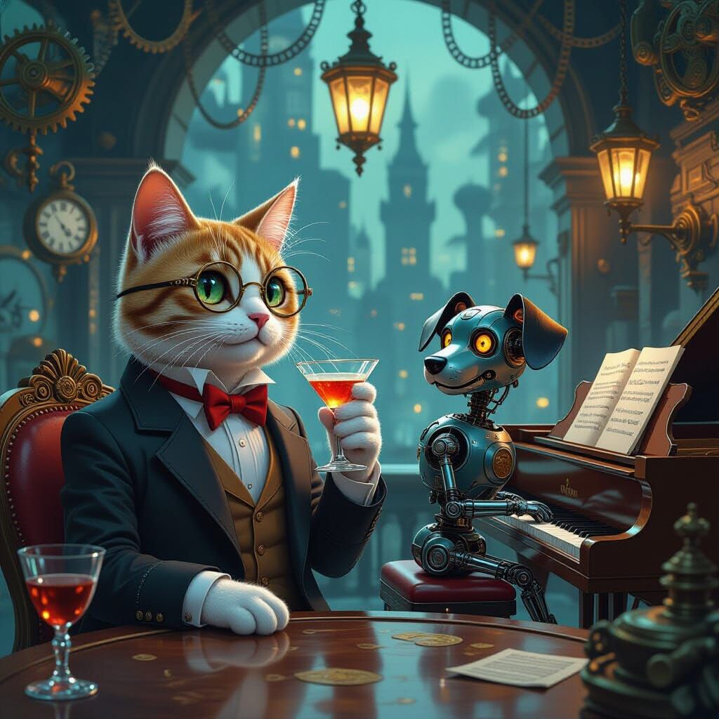 Steampunk Speakeasy Scene with Clockwork Creatures