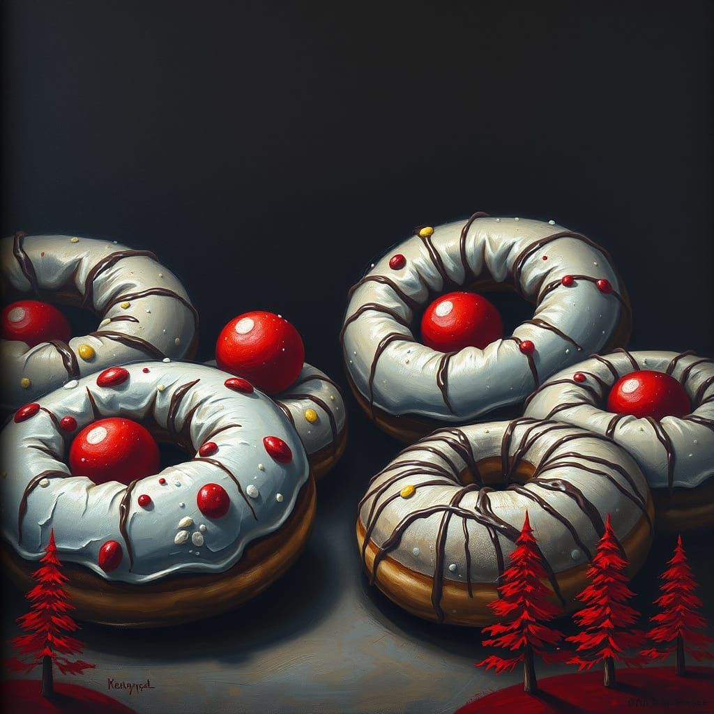 Crumbled donuts, Oil painting, dark specs of red, dark outline, spiritual effect, glazed eyes, red round balls, yellow s...