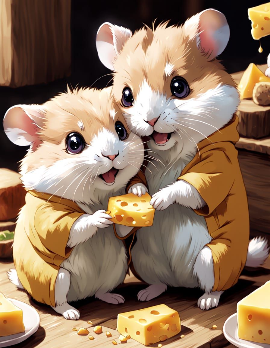 Cute Hamsters Share Golden Cheese