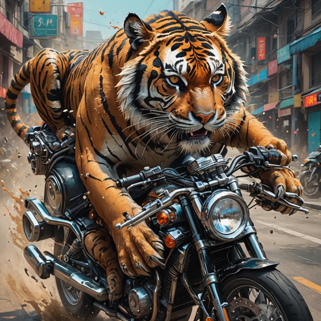 Hyperrealistic Tiger Rides Motorcycle: Splash Art