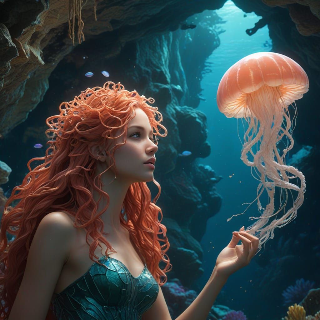 Underwater Mermaid Portrait in Bioluminescent Cave