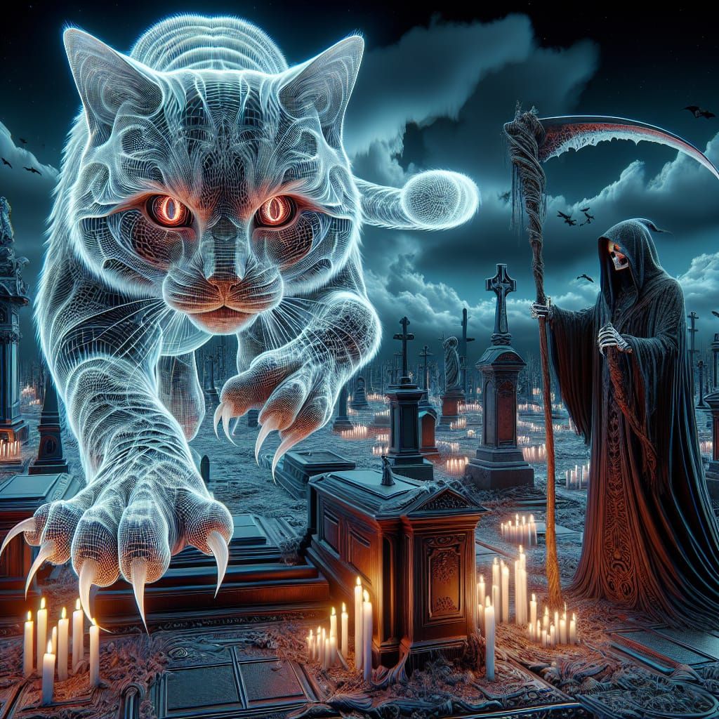 A uncanny translucent ethereal hauntingly cat, face to the v...