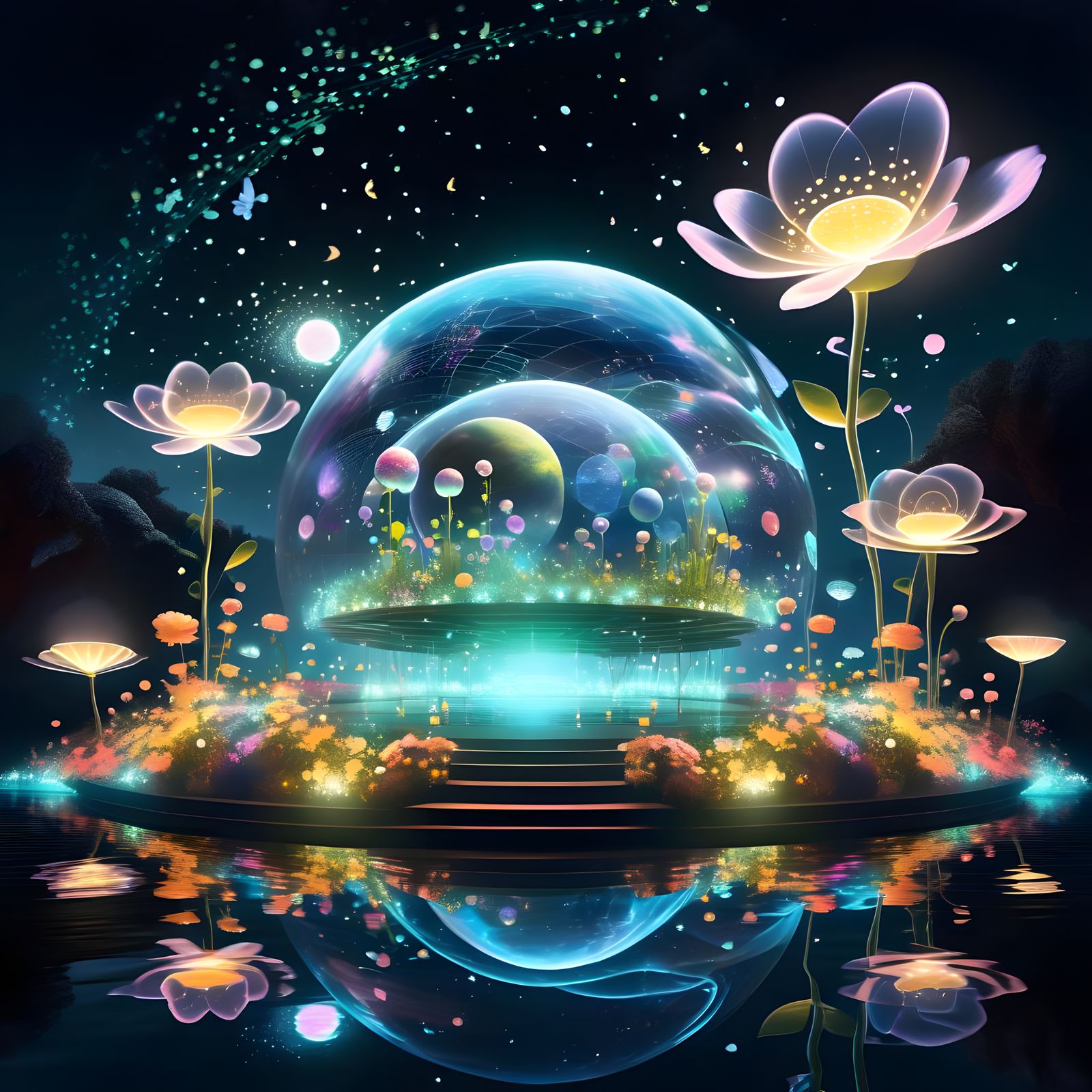 Luminous Floating Garden Stage with Singing Flowers
