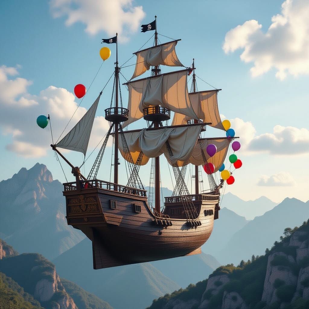 Pirate Ship Soaring Over Mountains with Balloons