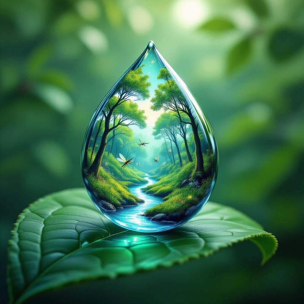 A large, spherical dewdrop clings to the tip of a broad gree...